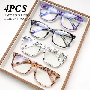 4 Pack Blue Light Blocking Reading Glasses for Women Lightweight Spring Hinge Flexible Comfortable Fashion Pattern Clear Lens Daily Eyewear Mix Color