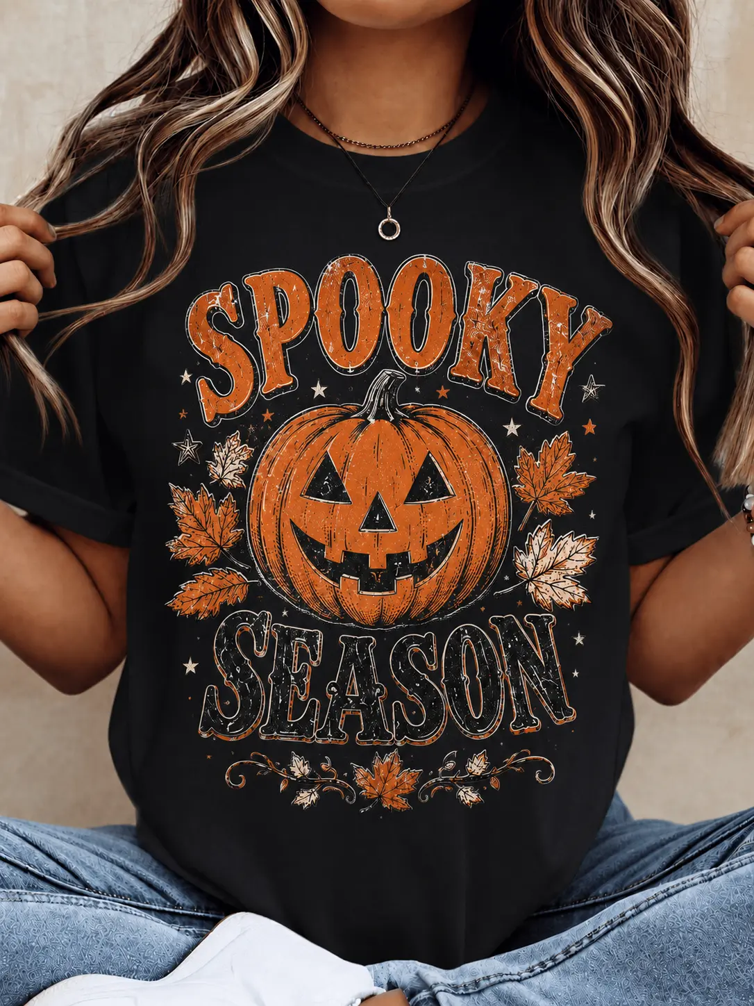Women's Vintage Comfortable Short-Sleeve Halloween Graphic Tee - Spooky Season Pumpkin Print, Casual Wear Statement Top, Shortsleeve, Round Neck, Vibe, Jeans, Women's Tops, Graphic Tees Women