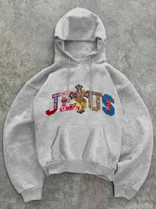 Women's Streetwear Fitted Long Sleeve Hoodie Sweatshirt, Casual Hooded Sweatshirt, Featuring Stylish Cross Graphic & "JESUS" Print, Drawstring and Pockets, Christian Street-style Statement Pullover, Ideal for Autumn & Winter Casual Daily Wear