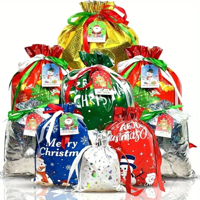 33 Christmas-themed assorted color drawstring gift bags in multiple sizes perfect Christmas parties and holiday gift wrapping