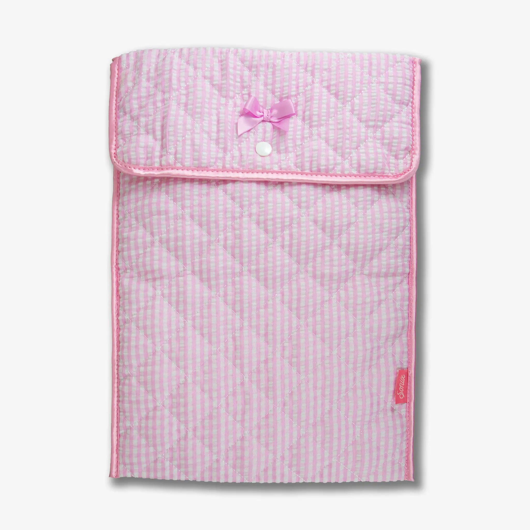 Quilted Laptop Sleeve for 13-14 Inch Devices, Lightly Padded Pink Gingham Protector with Seersucker Fabric & Satin Bow, Laptop Protection, Protector Sleeve Laptop Bags