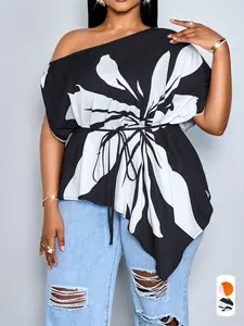 New Plus Size Women's Woven Print Blouse, Asymmetrical Hem Loose-Fit Summer Top, Perfect for Daily Wear, Parties and Vacations