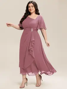 Ever-Pretty 【Plus size curvy dress 】Holiday dress  Flutter Sleeve Chiffon Midi Dress with Asymmetric Neckline, Waist Rhinestone, Tiered Skirt & Smocked Back for Formal dress,Evening dress 2463