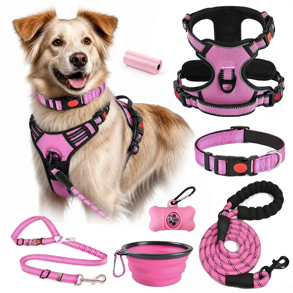 Pack of 6 No Pull Dog Harness, Collar & Leash Set with Travel Accessories, Includes Dog Seat Belt, Collapsible Bowls & Poop Bag Dispenser. Ideal for Training, Walking, Hiking. Fits Small to Large Dogs