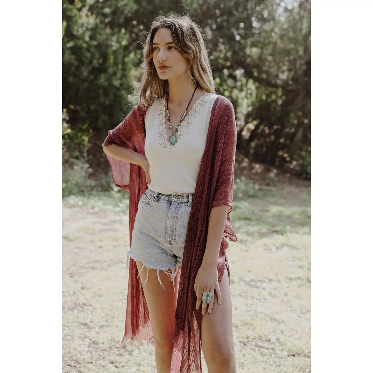 Women's Pencil Stripe Lurex-Trim Lightweight Open-Front Longline Duster Cardigan, Shimmer Boho Chic Beach Cover Up, Resort Wear