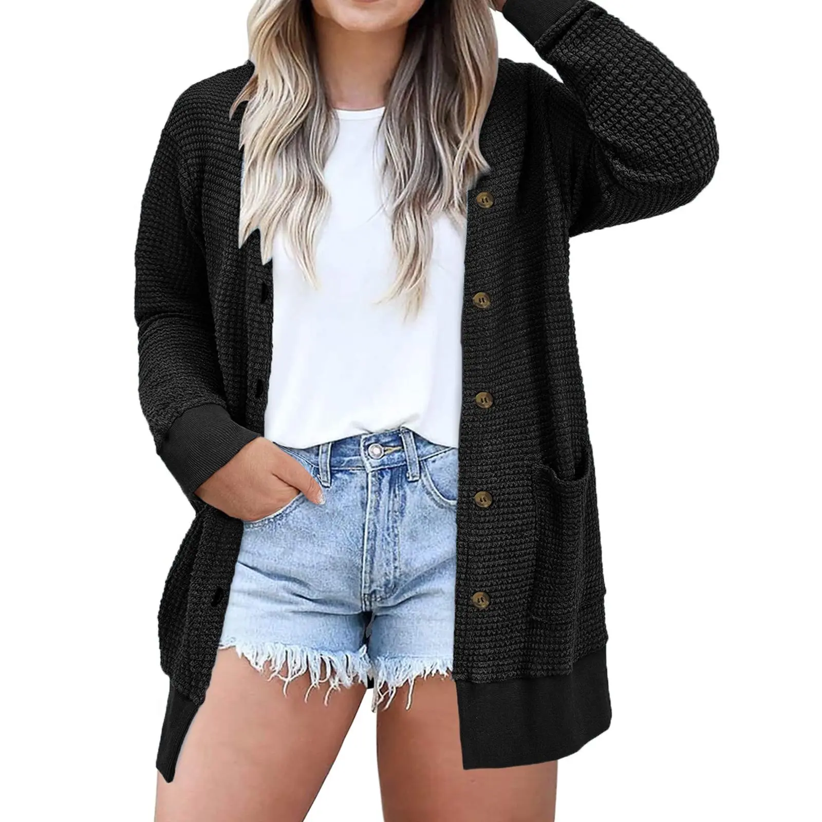 Eytino Womens Plus Size Cardigans Casual Long Sleeve Waffle Knit Front Button Tops(1X-5X)