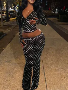 Women's Spring Summer Casual Set, Polka Dot Print Hooded Zipper Long Sleeves Top and Elastic High Waist Long Pants, Y2K Street Hip Hop Trendy Chic, Womenswear