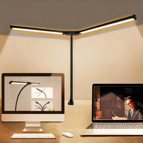 Black Double Head Clip-On LED Desk Lamp - Eye-Caring Metal Shell Architect Task Light with Flexible Gooseneck, 3 Color Modes, 10 Brightness Levels, 5V/2A USB Port, 41cm Max Height - Office, Bedroom, Study Room Supplies, Party Decor for Workbench Reading