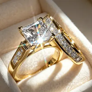 Gold Princess Cut CZ Engagement Ring Set|   2-Piece Wedding Band Set|   Perfect Bridal Jewelry
