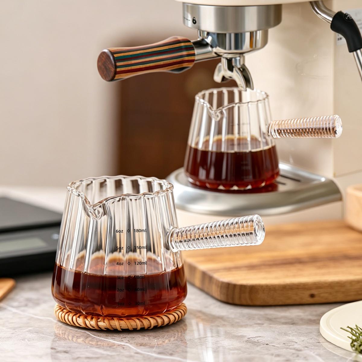 6 oz Glass Measuring Cups with Spout,Borosilicate Glass Triple Pitcher with Scale,Origami Style Espresso Shot Glasses with Wood Handle for Coffee Milk,Dishwasher Safe