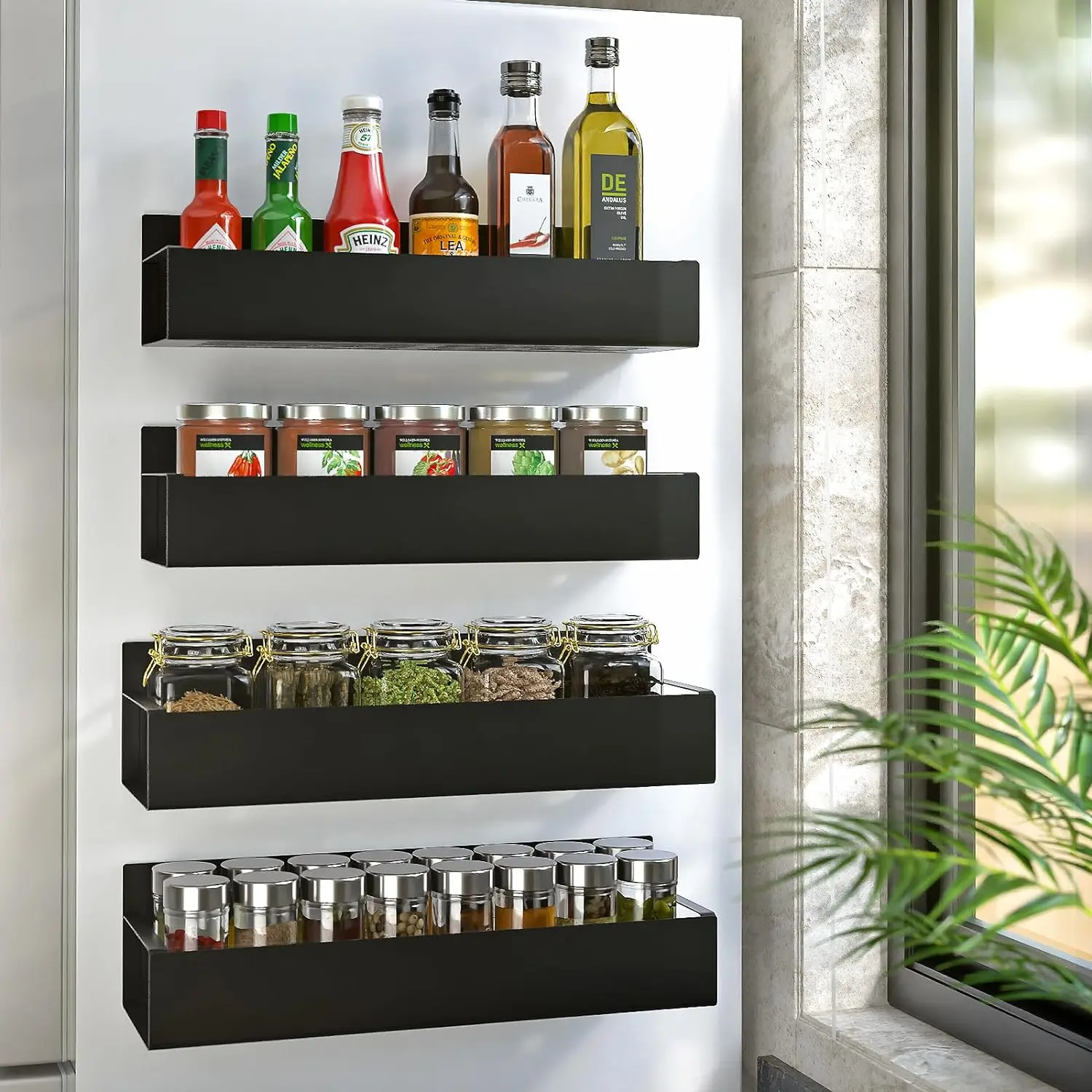 4 Pack Magnetic Spice Rack, Magnetic Spice Organizer Shelf for Refrigerator, Microwave, Seasoning Organizer for Kitchen