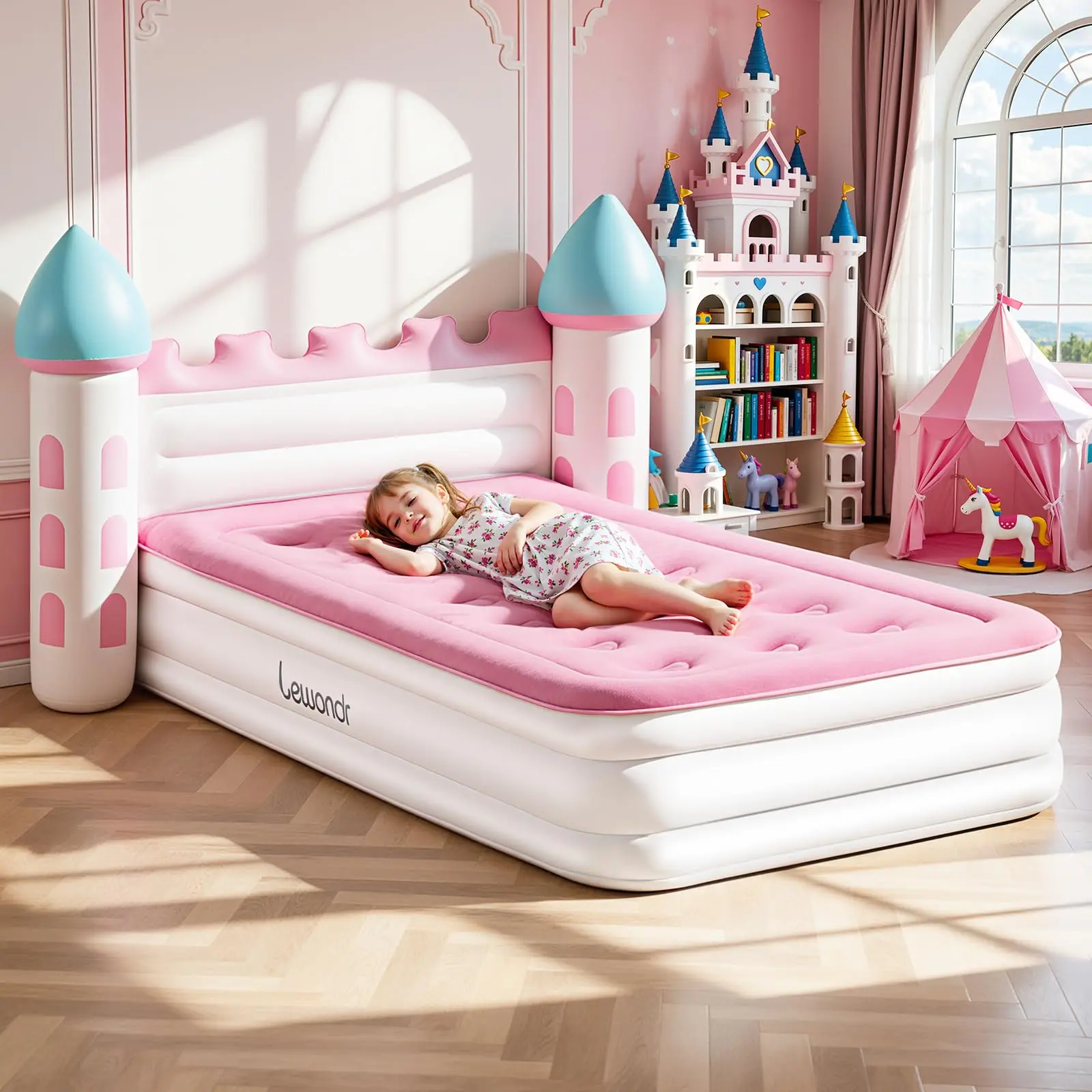 Inflatable Kids Bed, Pink Castle Toddler Travel Bed with Electric Air Pump, Kids Blow Up Mattress with Portable Storage Bag, Kids Air Mattress Princess Toddler Bed for Home Camping Sleepovers