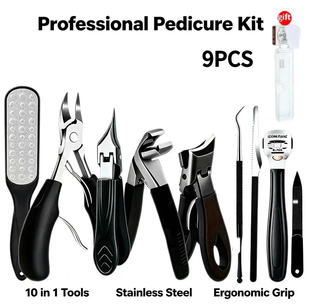 9-Piece Nail Clipper Set for Seniors - Curved-Blade Wide-Mouth Angled Nippers, Ergonomic Comfort-Grip Handles, Unisex Manicure Nail Care Tool Kit
