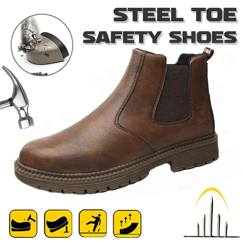 Men's Slip On Steel Toe Work Shoes, Striped Breathable Safety Trainers with Metatarsal Guard, Synthetic Leather Mix for All Season Worker, Steel Toe Trainers