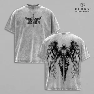Arcangel Saint Michael T-Shirt Washed - Holy Warrior Angel Graphic Shirt, Sword and Wings Vintage Washed Top, Christian Gothic Streetwear Outfit Church - Gym Pump Cover Jesus Apparel