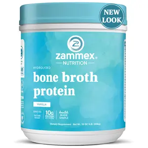 Zammex Nutrition Hydrolyzed Bone Broth Protein Vanilla Flavor 1lb, Grass-Fed Collagen Peptides for Skin, Hair, Nails & Joints, Dietary Supplement