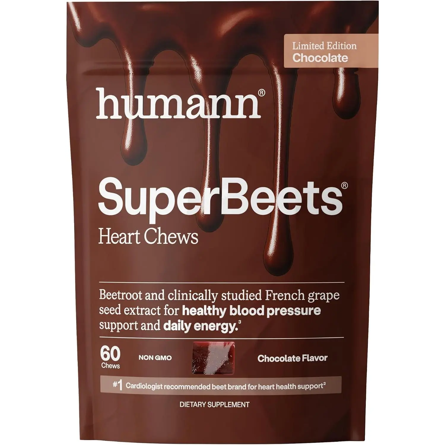 HumanN SuperBeets Heart Chews Vitamin Supplement, Nitric Oxide Support, Blood Pressure Support, Non-GMO Beet Root Powder, Grape Seed Extract, Chocolate Flavor Energy Chews, 60 Count