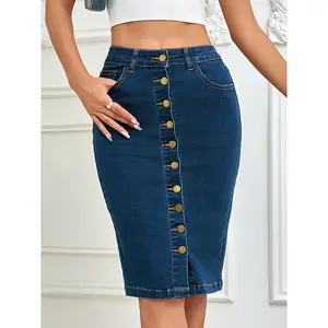 Women's high waist denim pencil skirt with button front-elegant stretch cotton blend solid color knee length skirt for spring/summer/fall