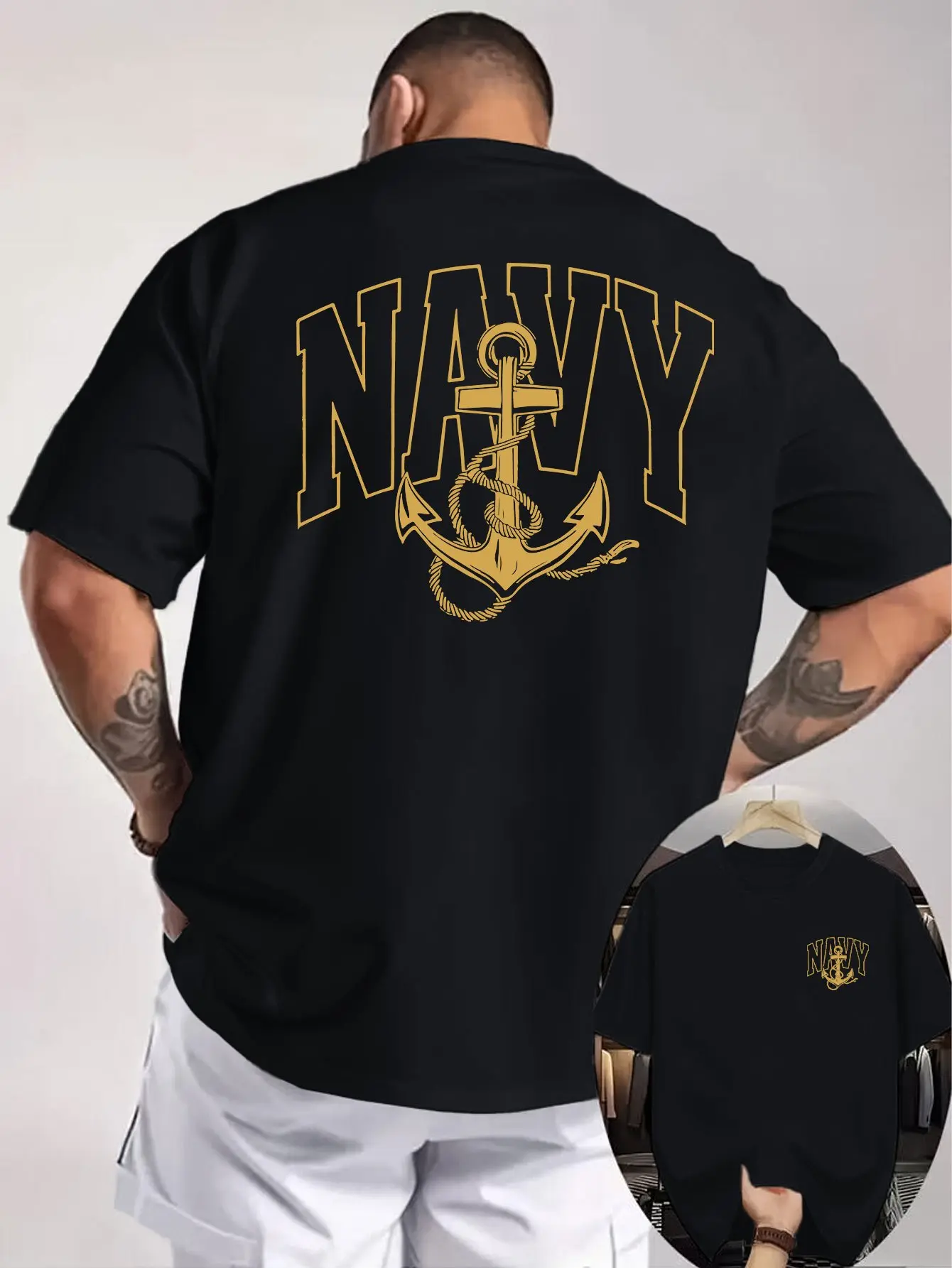 Anchor Double-Sided Print Men'S T-Shirt, Naval Element, Enthusiast'S Style Loose-Fitting Top