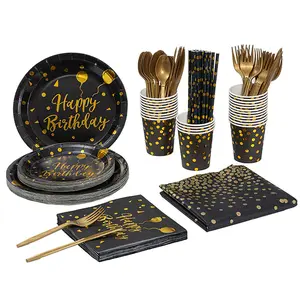 201-Piece Black & Gold Birthday Party Supplies, Disposable Dinnerware Set (Serves 25 Guests)