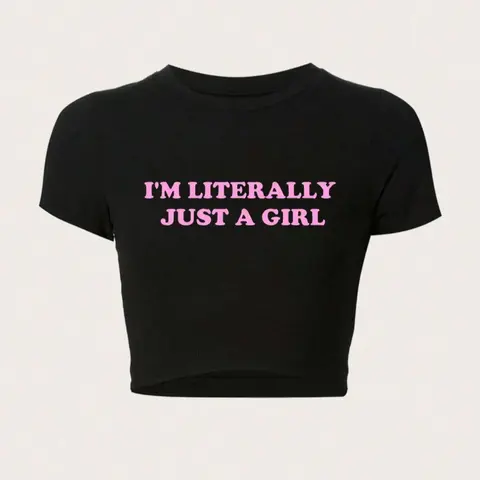 Women's "I'm Literally Just A Girl" Slogan Print Round Neck Crop Tee, Fashion Casual Crew Neck Short Sleeve T-shirt for Daily Outdoor Wear, Ladies Clothes for All Seasons, Graphic Print Top