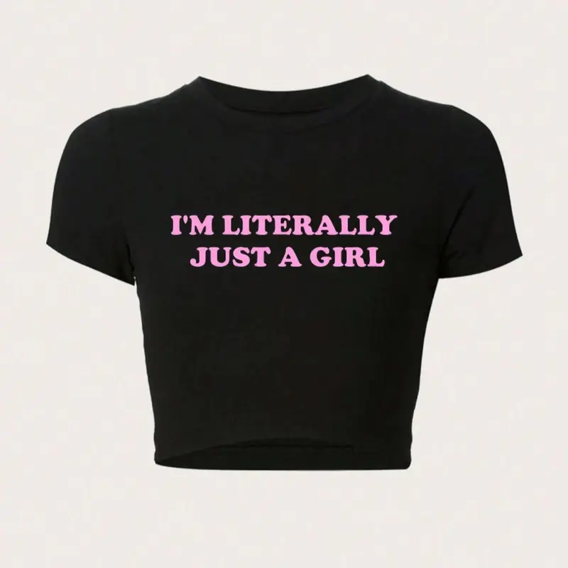 Women's "I'm Literally Just A Girl" Slogan Print Round Neck Crop Tee, Fashion Casual Crew Neck Short Sleeve T-shirt for Daily Outdoor Wear, Ladies Clothes for All Seasons, Graphic Print Top