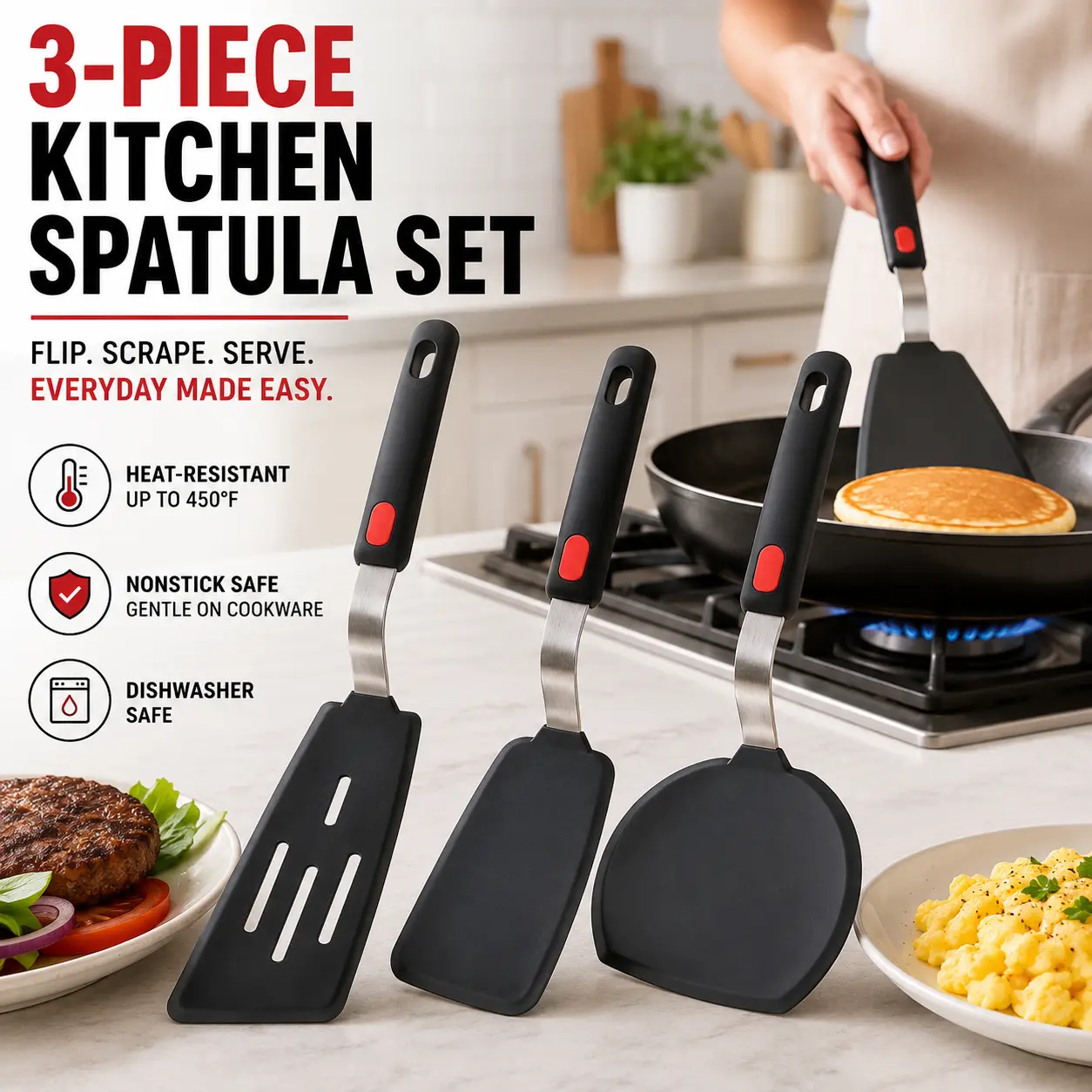 3PCS Kitchen Spatula Set, Silicone Spatula Turner, Nonstick Cooking Utensils, Heat Resistant Frying Pan Spatula, Slotted Turner, Pancake Flipper, Stainless Steel Handle Kitchen Gadgets