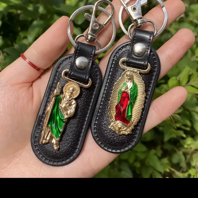 San Judas Tadeo & Virgen de Guadalupe Key Chain with Gold Accents and Black Leather Case for Religious Gifts