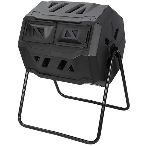 43 Gal Large Capacity Iron-Plastic Rotating Dual Compost Waste Bin Tumbler - Wall-Mountable, Covered, Weatherproof, Aerated, Window-Ready, Outdoor Garden Soil Container (28.5x25x37 in, 24.4 lbs, Above 12 L)