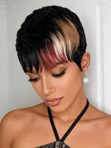 Multi-color Glueless Full Machine Made Human Hair Short Straight Layered Pixie Wig with Bangs