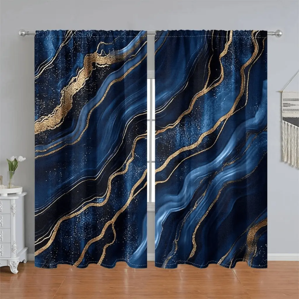 2Pcs Abstract Blue Gold Marble Pattern Printed Curtains, Window Drapes, Home Decorative Curtain, Rod Pocket Style, Semi Sunshade Polyester Fiber, Suitable for Home Living Room, Bedroom, Balcony Decoration, Anti Privacy
