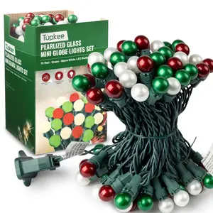 Pearlized Glass Mini Globe Lights Set - 70 G15 Red, Green & Warm-White LED Bulbs - Indoor Outdoor - 25.3 Feet Pearl Berry Mini Globe Round Bulb Light String, Christmas Tree Holiday Lights