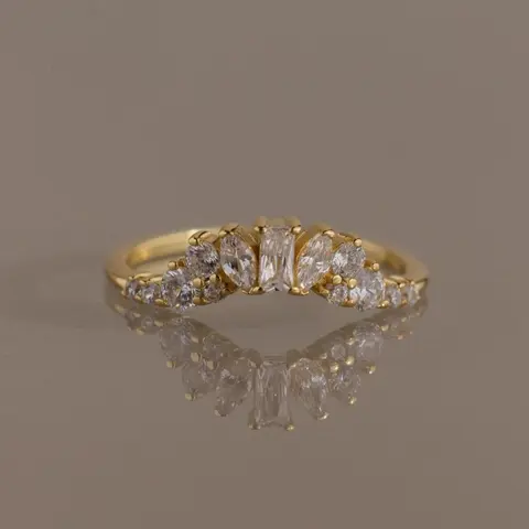 Diamond Curve Cluster Ring by Caitlyn Minimalist - Cubic Zirconia Diamond Eternity Crown Ring - Vintage 18K Gold Plated Engagement Ring - Art Deco Jewelry - Bride Gift