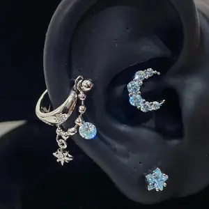 1pc Trendy Korean Dopamine Water Drop U-Ring Ear Stud Color Zircon Stainless Steel Chain Pendant Ear Bone Piercing