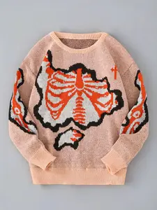 Men's Regular Fit Skeleton Print Skull Round Neck Sweater, Comfy Long Sleeve Crew Neck Jumper for Daily Wear, Fashion Men's Knitwear for Fall & Winter, Tops, Casual Chic Knitwear, Halloween