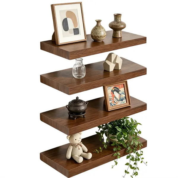 Brown Engineered Wood Floating Shelves - 4-Piece Farmhouse Home Decor, Warp-Resistant Design Floating Shelves with Included Hardware for Bathroom, Living Room Storage (Plants, Books, Towels)