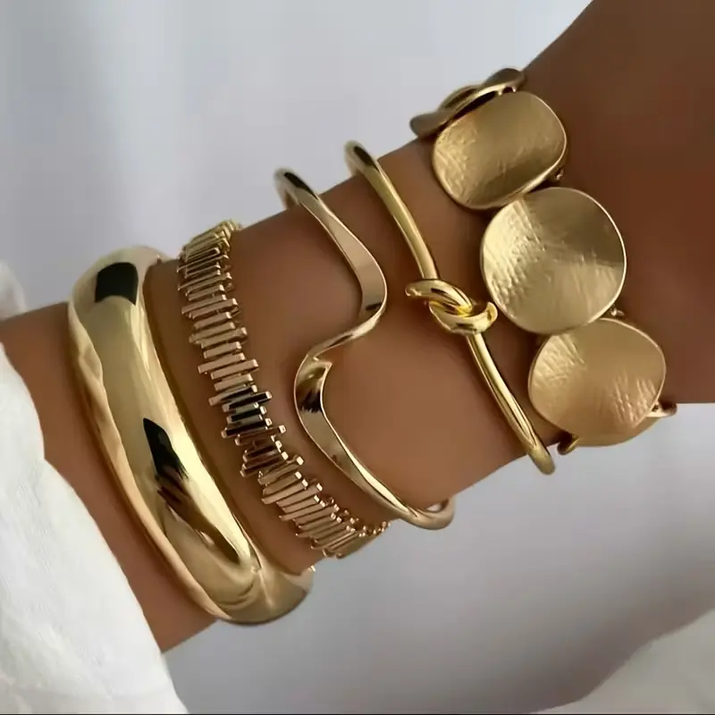 5 Piece Vintage Bold Geometric Wide MetalBangle Set, Unique Daily Wear Gift for WomenElegant Jewelry Accessory