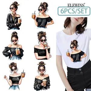 6Pcs Coffee Girl Hot Stamping DTF Transfer Film for Tshirt Hoodie Jeans Backpack Pillow Machine Washable Heat Transfer Vinyl for Men Women Diy Material
