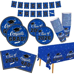 Graduation decorations class of 2026 Congrats Grad Party Dinnerware Set Blue Disposable Paper Plates Napkins Cups Tablecloth Banner for Decorations 2026 deals , Serve 25