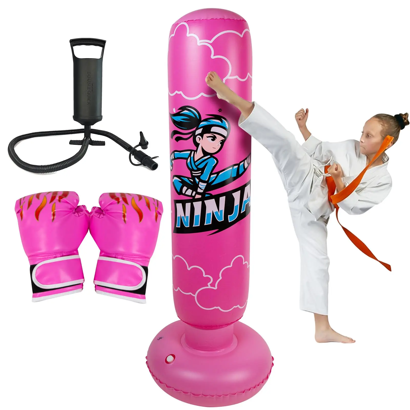 Kids Ninja Inflatable Punching Bag with Boxing Gloves, 66in Tall Martial Arts Training Toys for Ages 5-12, Kids Stuff Boxing Equipment for Sports & Outdoor Recreation