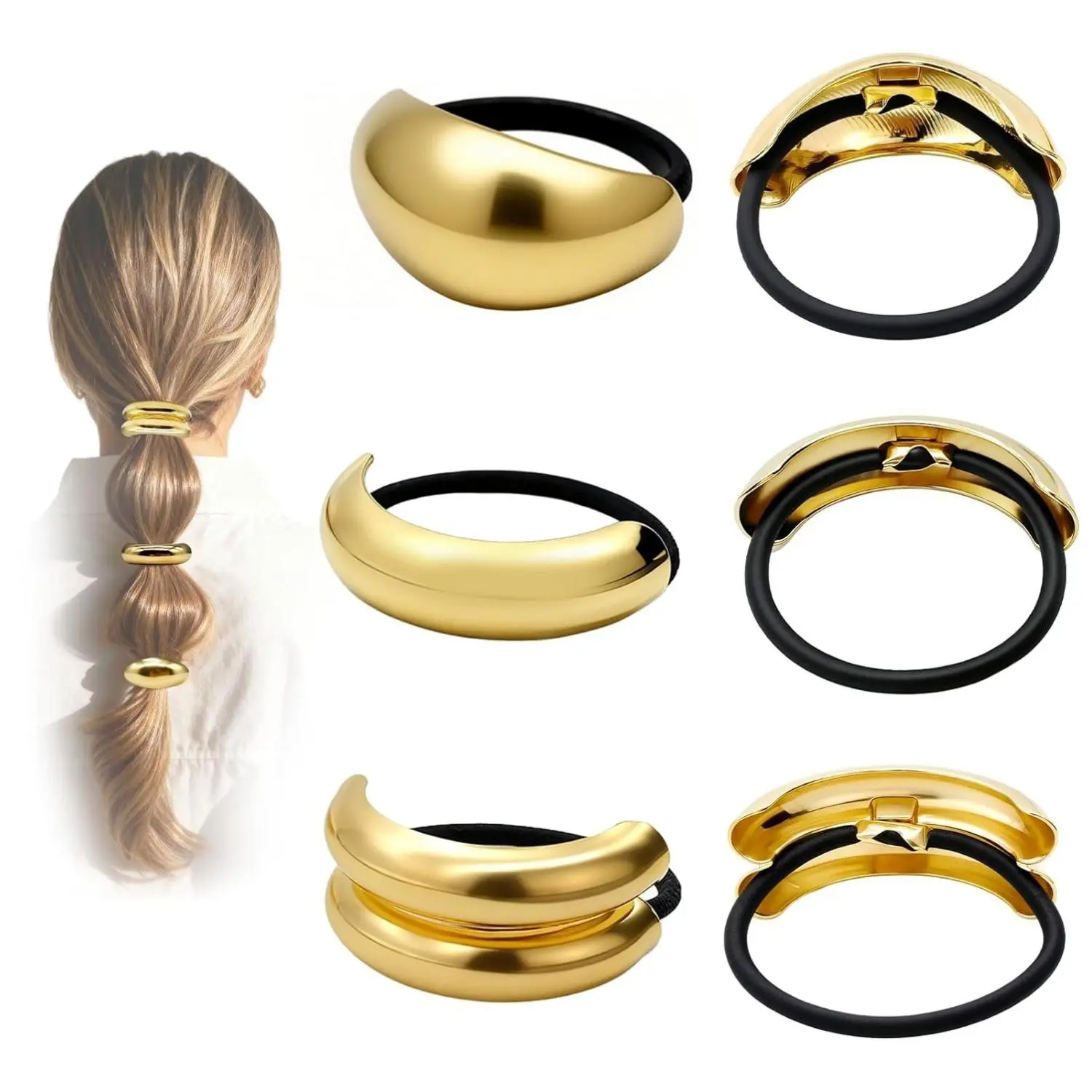 6Pcs Hair Ties - 3 Styles Gold Hair Accessories for Women & Girls, Elegant Chic Metal Hair Cuff Non-Damage Ponytail Cuffs Holders for Thick Hair
