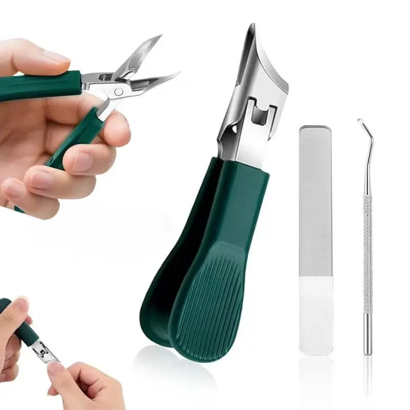 Eagle Beak Beveled Nail Clippers,3-Piece Sets of Eagle Beak Beveled Nails Clippers, Long Handle Wide Jaw Opening Anti-Splash Slanted Nail Clipper for Thick Nails, Seniors&Ingrown Care (Green) Multi-Functional Stainless Steel Manicure heavy duty