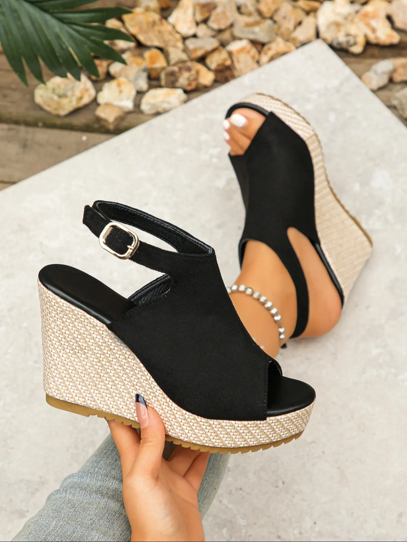 New Velcro Wedge Sandals, Wedge Heeled, Wedge Heels, Soft Textile Upper Material, Rubber Sole, Plain Pattern Design, Comfortable Elegant Stylish Summer Footwear, Women's Shoes