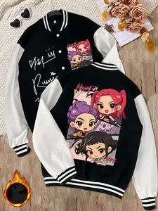 Women's K-Pop Style Graphic Baseball Jacket Coat, Cute Cartoon Character Design, Soft Elastic Fabric, Casual Streetwear, Long Sleeve