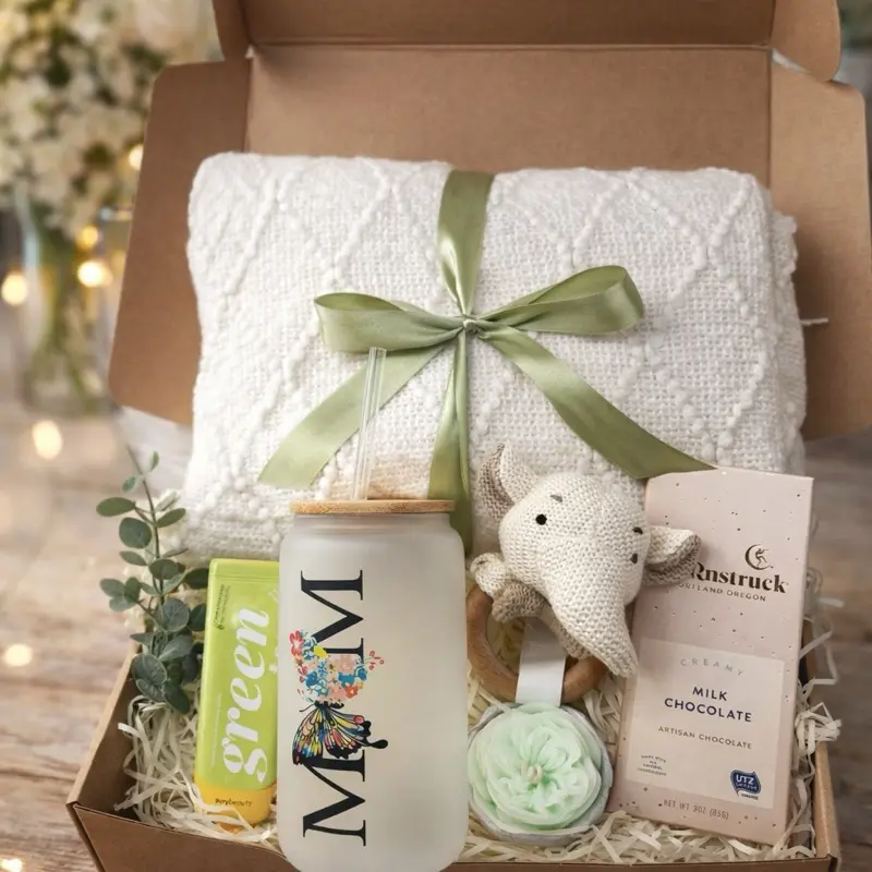 Taniri Luxury Customizable Adult Mom-To-Be Gift Box - Pregnancy Spa Set with Soft Luxe Blanket, Soft Cream Throw, Bamboo Lid Tumbler, Candle, Artisan Chocolate - No Wrapping Needed Baby Shower Gifts Maternity Care Package, Pregnancy Announcement