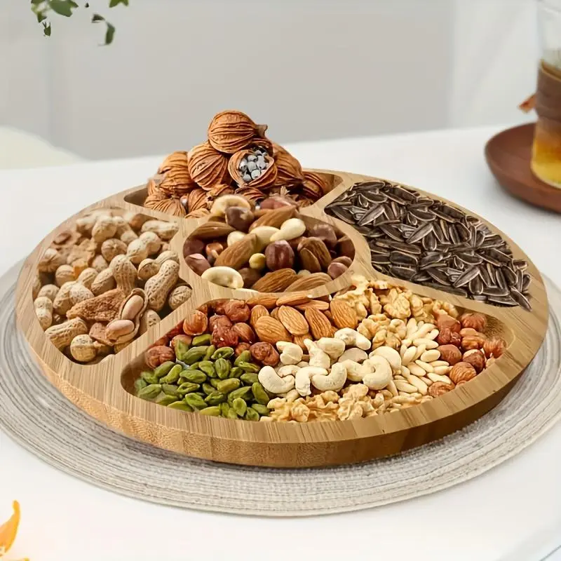 Bamboo Snack Wooden Plate, 1 Count Multi Grid Fruit & Food Plate, Snack Tray, round plates, Serving Plate for Home Kitchen Party, Versatile Usage, Kitchen Accessories