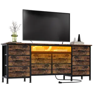 63" TV Stand Dresser For 65/75 Inch TV, 10 Drawer Organizer Unit With LED Lights, Power Outlets,Long Fabric Dresser For Bedroom, Hallway Anti-Tip Design