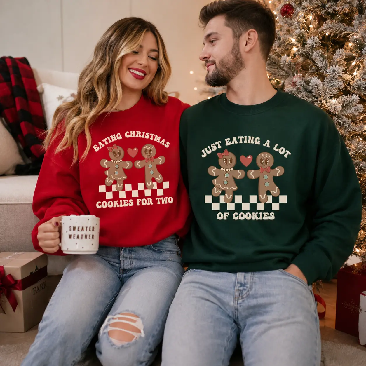 Women's Matching Christmas Couple Crewneck Sweatshirt - Funny Gingerbread Cookie Eating Design, Cute Holiday Couple Gift, DarkFlex