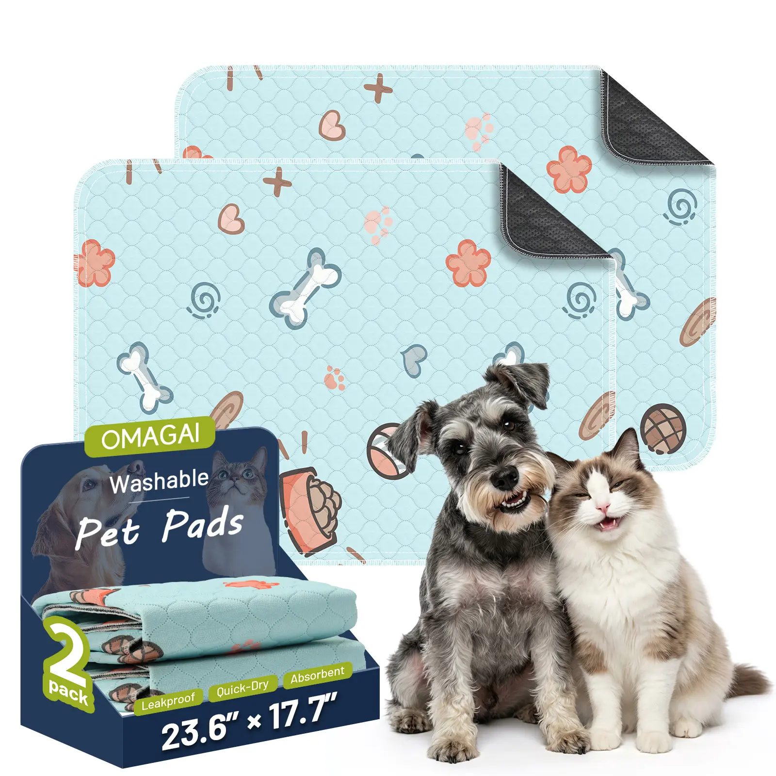 Washable Pee Pads for Dogs, 2-Pack Reusable Absorbent Training Pads for Puppies, Non-Slip Potty Pads, Playpen, Crate, Mattress, Multiple Sizes