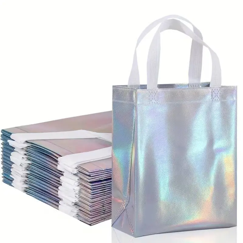 10-Pack Rainbow Holographic Gift Bags with Handles | Reusable Medium-Sized Party, Birthday and Graduation Party Supplies Tote Bags, Colorful Laser-Effect Nonwoven Shopping Tote Bags with Laminated Finish, Candy Bag, Party Favor Bags, Goody Bags